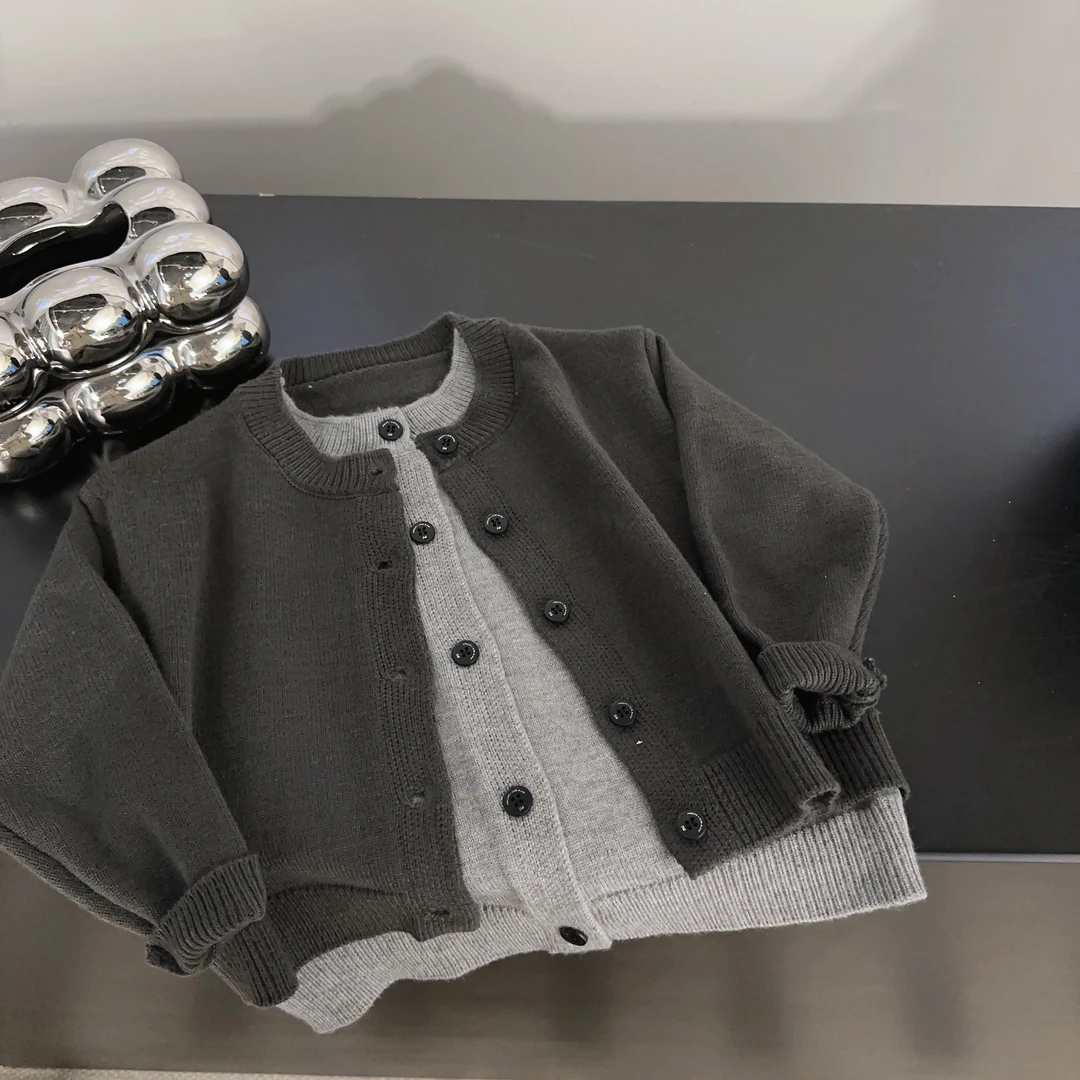 【两个小盆友】2024儿童春秋韩版小香风男女童针织衫假两件开衫1929