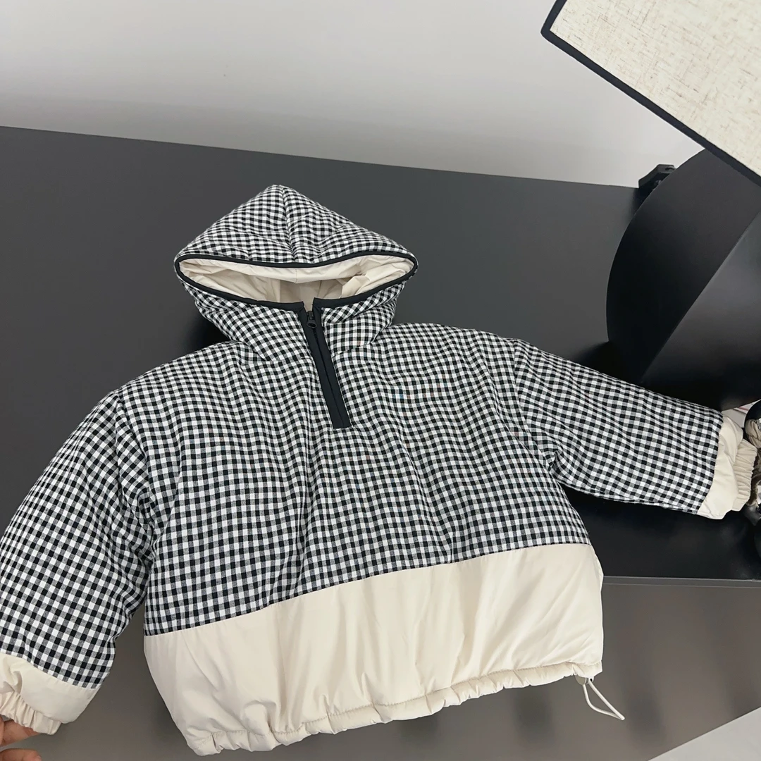 【小盆友现货】2024冬季儿童韩版宽松格子连帽拼色时尚棉服外套9011