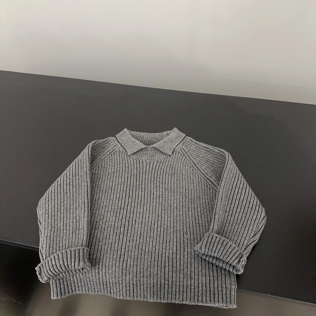【两个小盆友】2025春季纯色复古翻领毛衣韩版中小童休闲针织衫1206