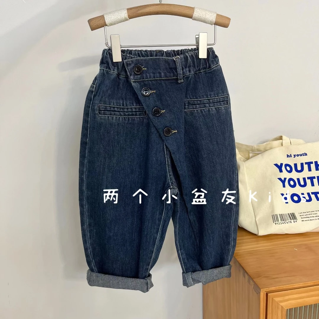 【两个小盆友】秋季长裤儿童裤子重工斜襟韩版中性软牛仔裤22818