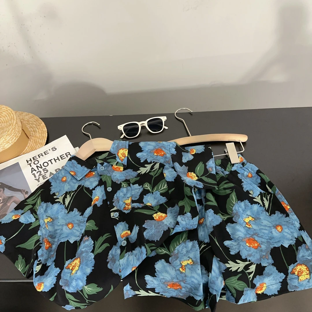 【两个小盆友】夏季儿童复古港风宽松碎花潮流短袖衬衫短裤套装5050