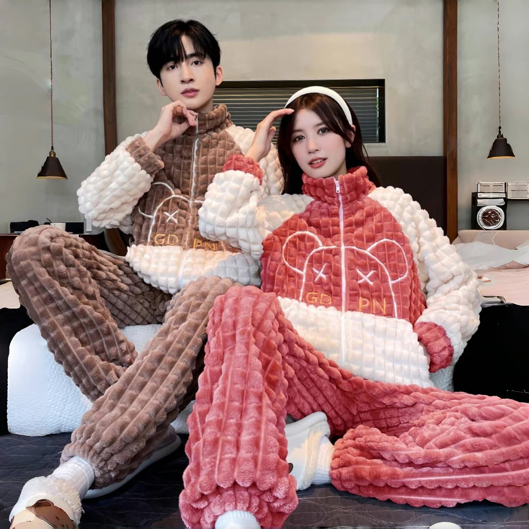 加绒加厚情侣家居服高领睡衣女冬季宽松保暖韩版可外穿
