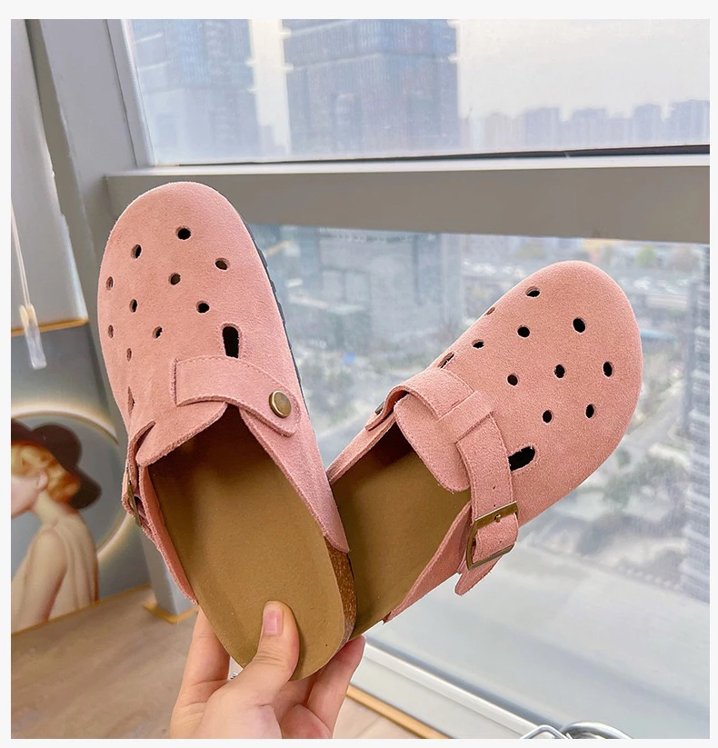 2024真皮洞洞软底防滑大头勃肯厚底托鞋