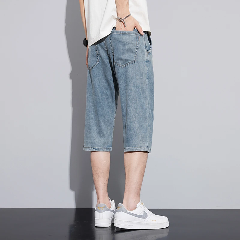 天丝男士莱赛尔棉弹七分牛仔短裤商务7分小直筒超薄清凉中裤过膝