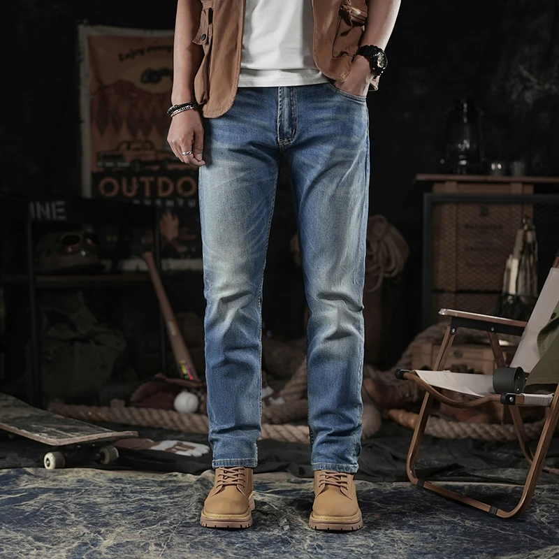 春秋四季款纯棉直筒弹力高端轻奢网红复古水洗做旧百搭牛仔裤男士