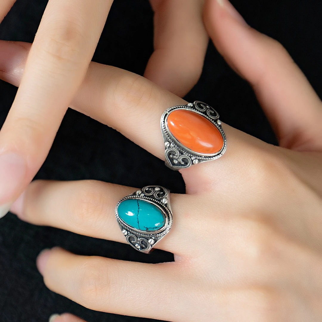 纯银【小马鞍戒】复古镶嵌红绿珠椭圆戒指民族风饰品手工