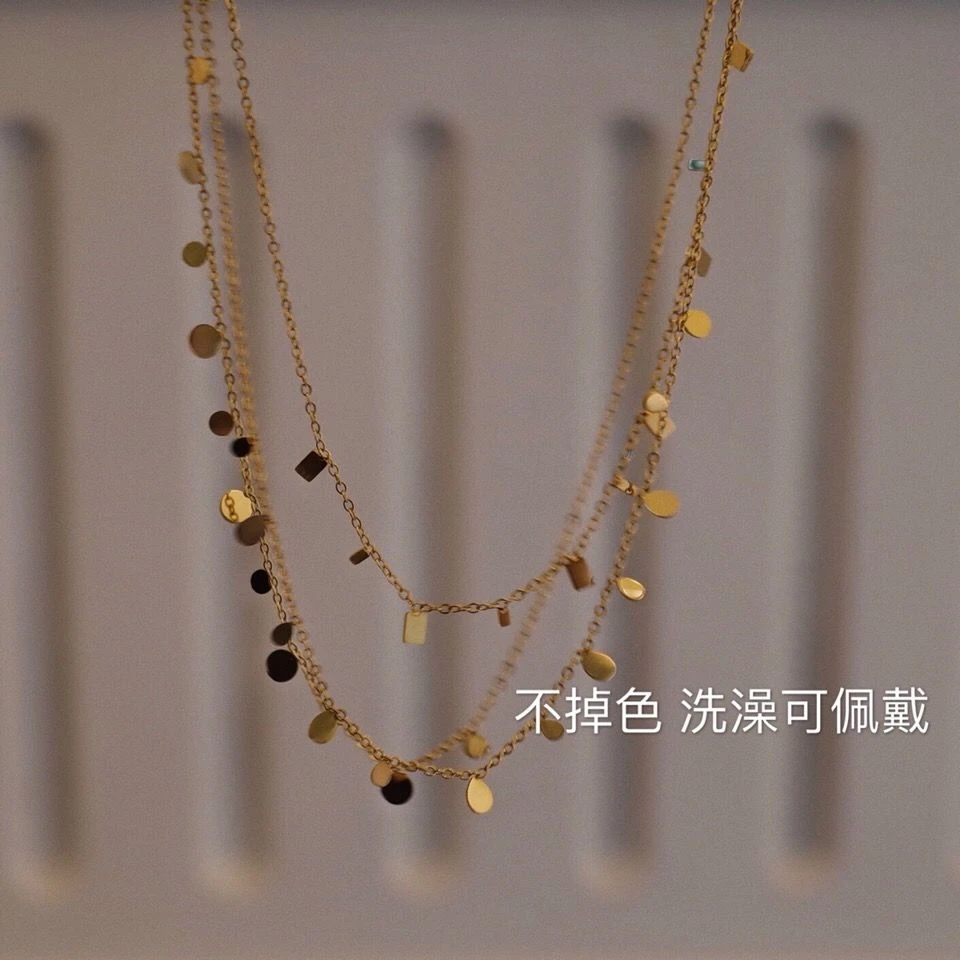 高级感水滴小圆片颈链ins简约钛钢小方片叠戴项链女锁骨链