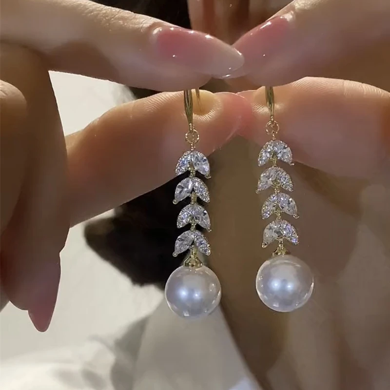 铜合金仿珍珠耳饰 麦穗耳环女气质长款流苏耳钩耳坠优雅高级名媛