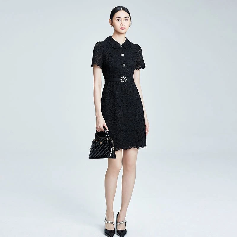 MOJO.S.PHINE24年新款春夏修身蕾丝设计名媛黑色收腰女装连衣裙