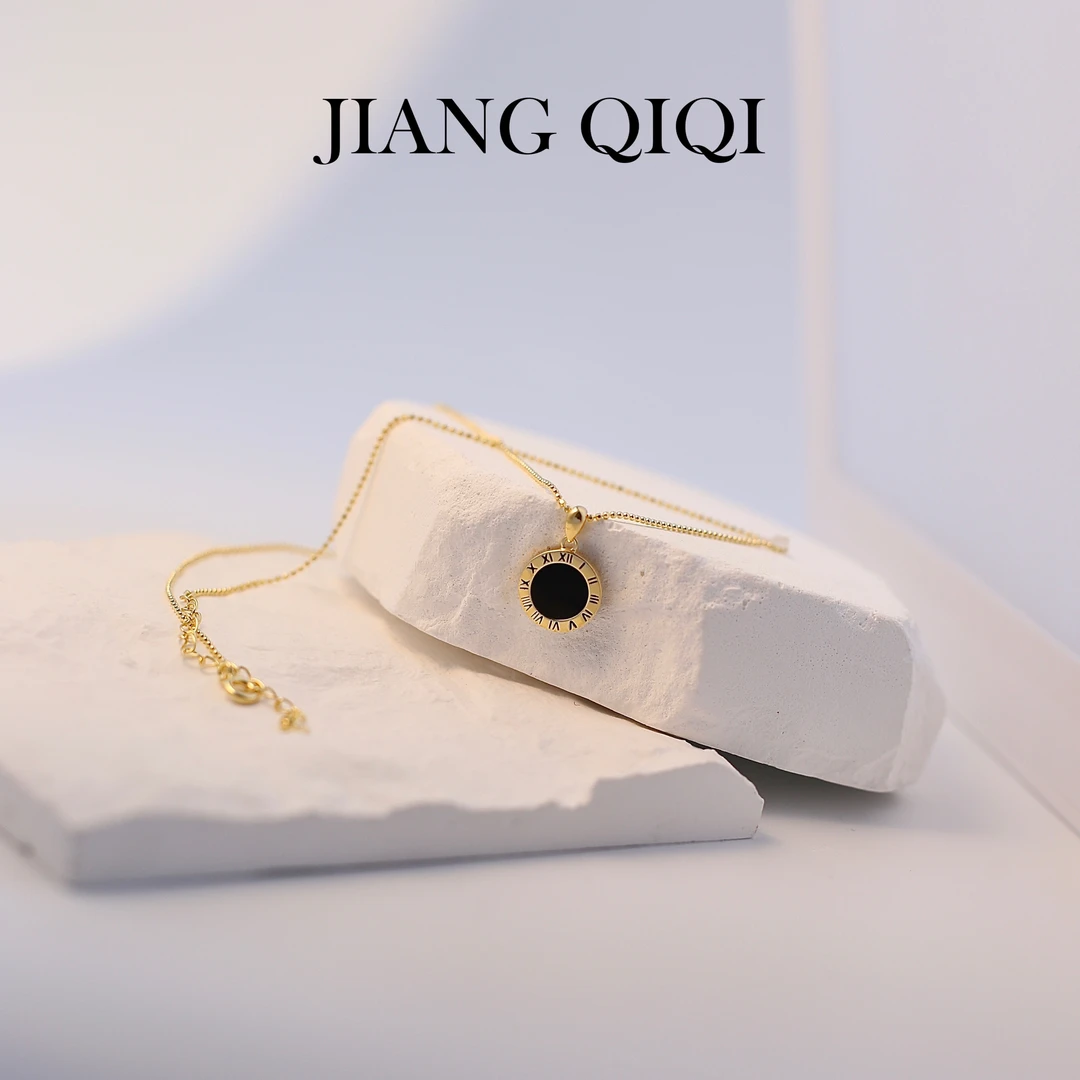 坠链均925银 金色圆盘黑色里项链/JIANG QIQI 时尚气质 轻奢