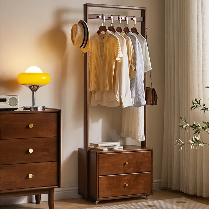 实木带抽屉衣帽架挂衣架落地衣服架卧室衣架可移动轻奢新中式