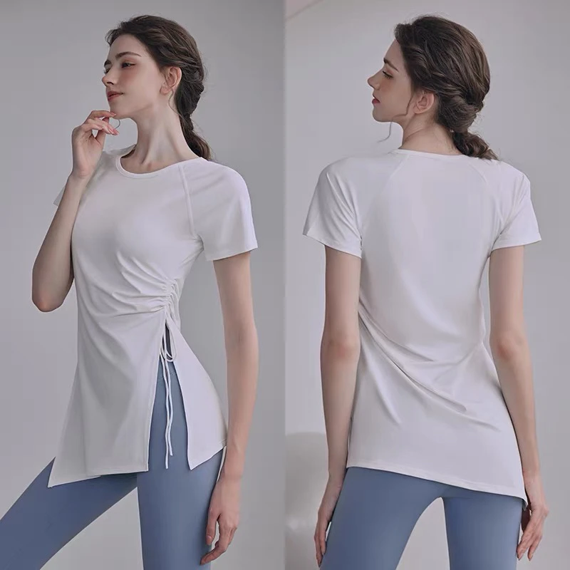 开叉抽绳显瘦瑜伽服女中长款透气速干短袖T恤健身服休闲运动上衣