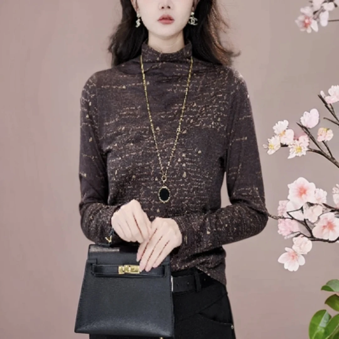 咖色半高领打底衫2024年女秋冬季显瘦休闲时尚洋气百搭修身上衣5