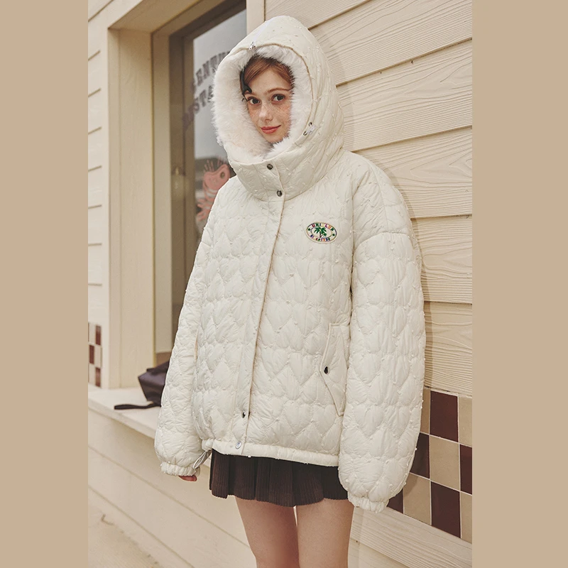 unifree白色大毛领羽绒服宽松连帽保暖休闲时尚防风加厚小个子