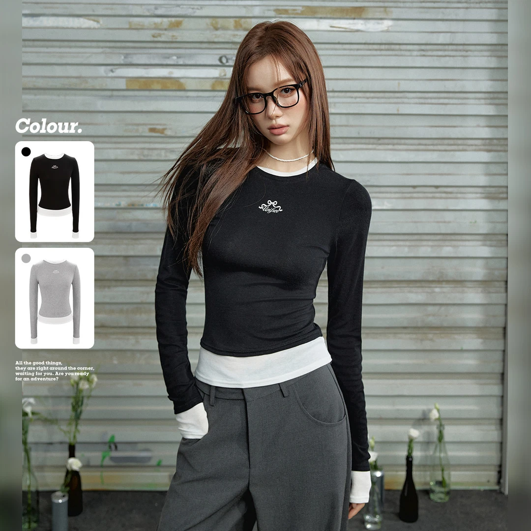 unifree长袖T恤秋款甜酷风时髦假两件柔软舒适修身圆领