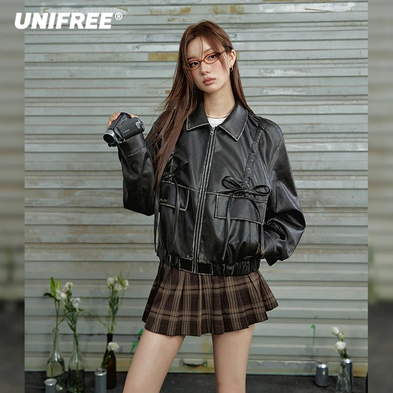 unifree擦色皮衣外套女翻领蝴蝶结绑带潮复古美式机车巴恩风夹克