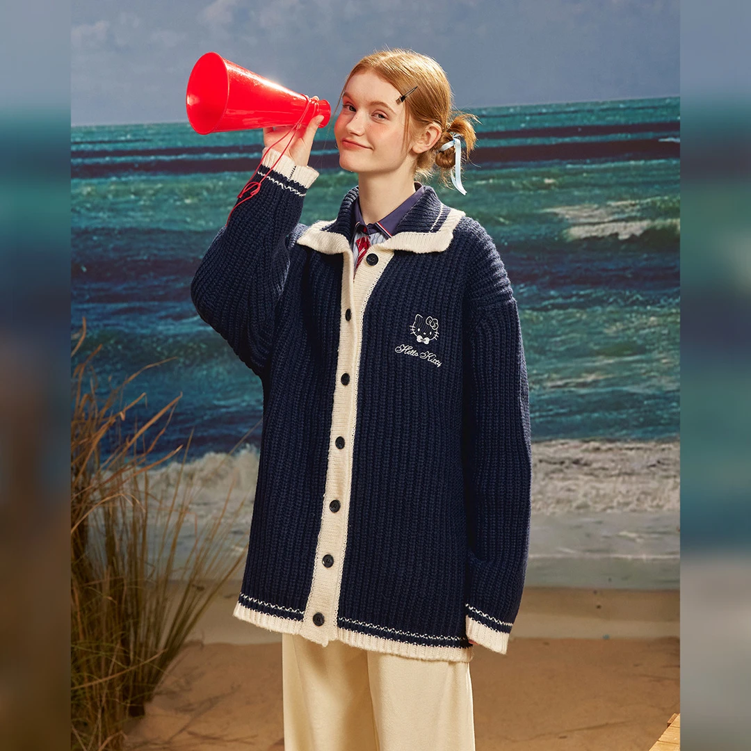 unifreeUNIFREE开衫外套撞色针织衫翻领宽松百搭毛衣