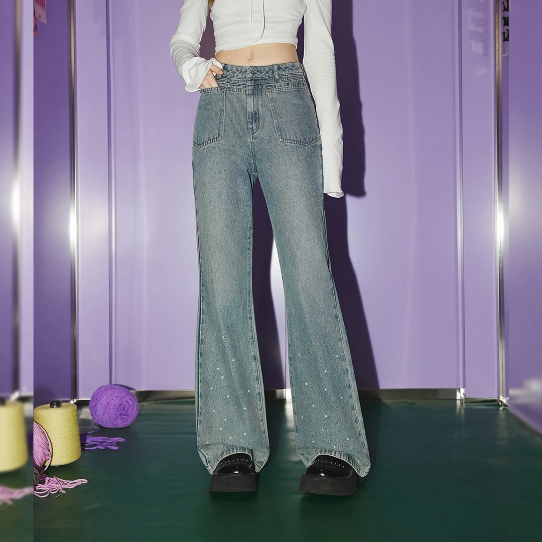 unifree烫钻微喇牛仔裤春季时尚复古百搭简约水洗高腰显瘦宽松