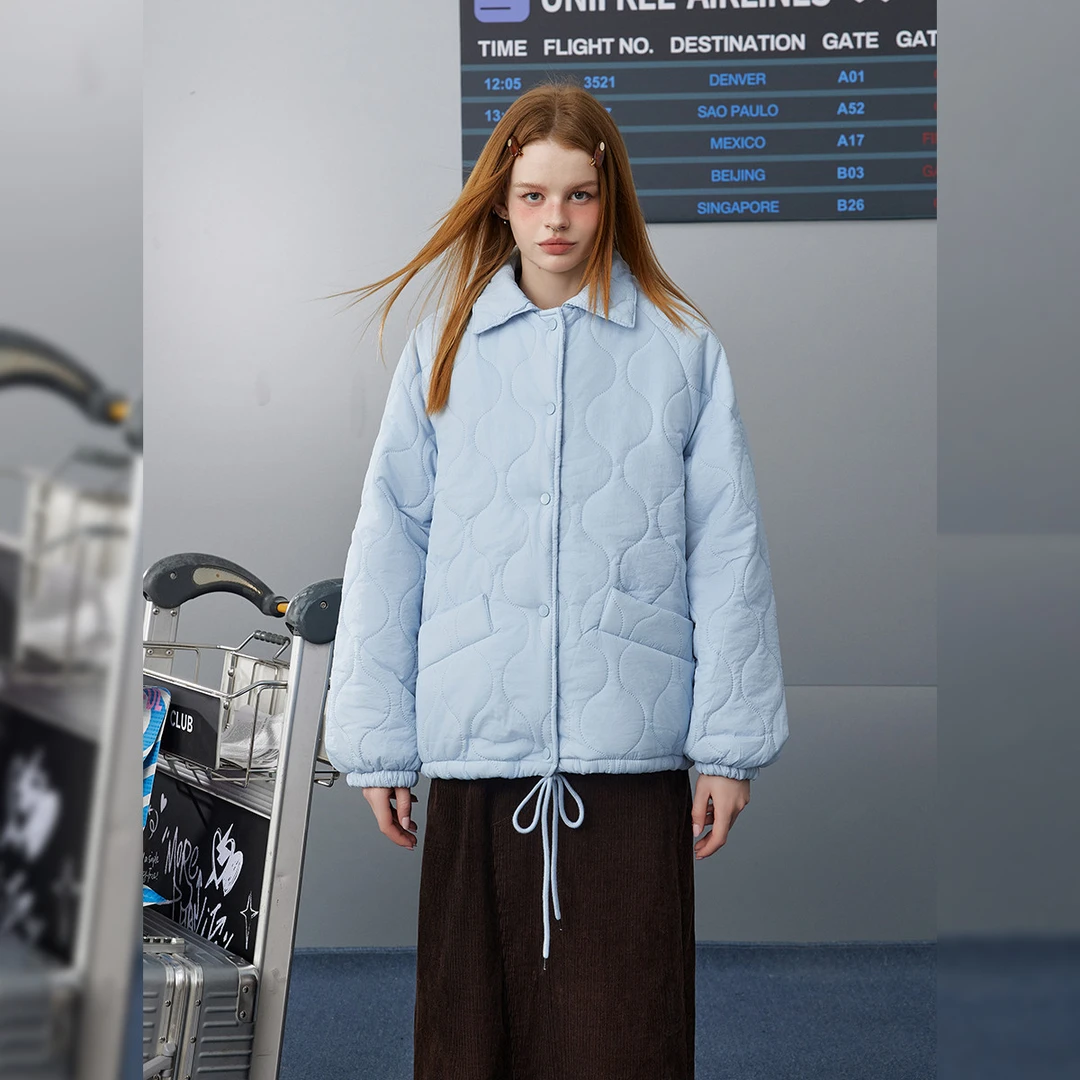 unifree蓝色翻领棉服女加绒秋冬美式复古波浪纹宽松百搭保暖外套