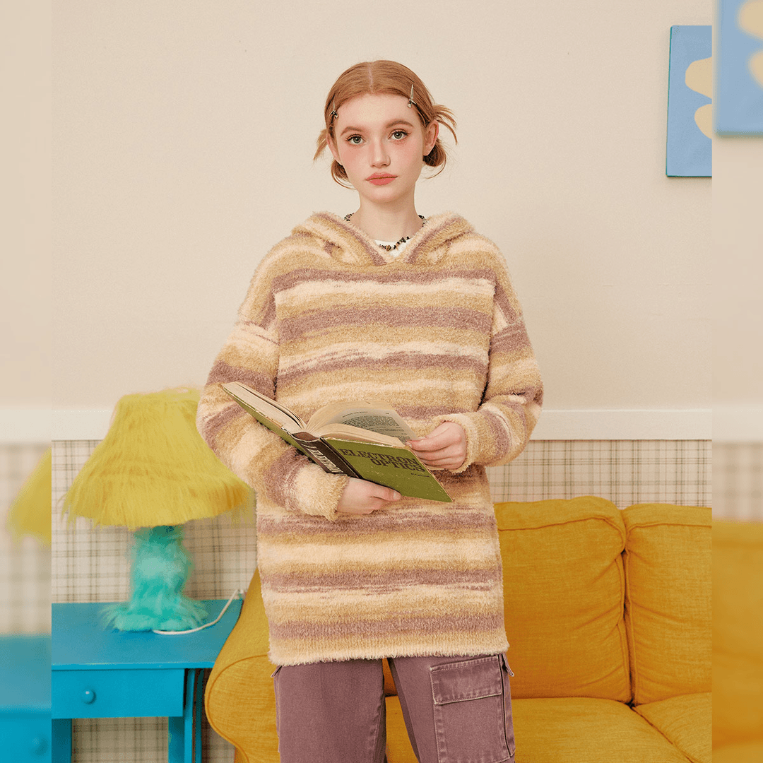 unifree连帽嫩黄色毛衣秋季新款复古潮酷慵懒宽松百搭渐变休闲