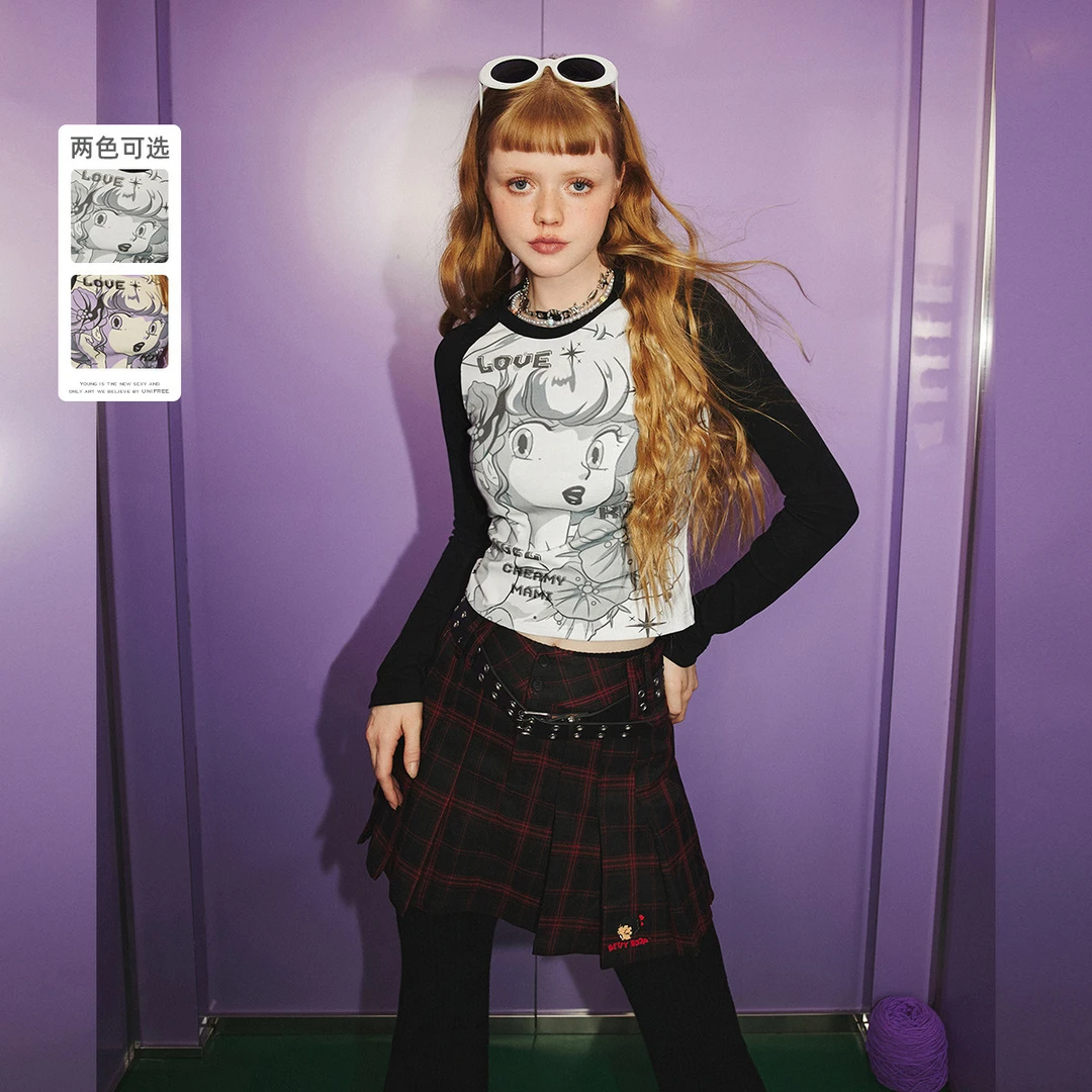 unifree黑色插肩袖T恤【魔法天使小甜甜联名】春辣妹漫画修身显瘦ol