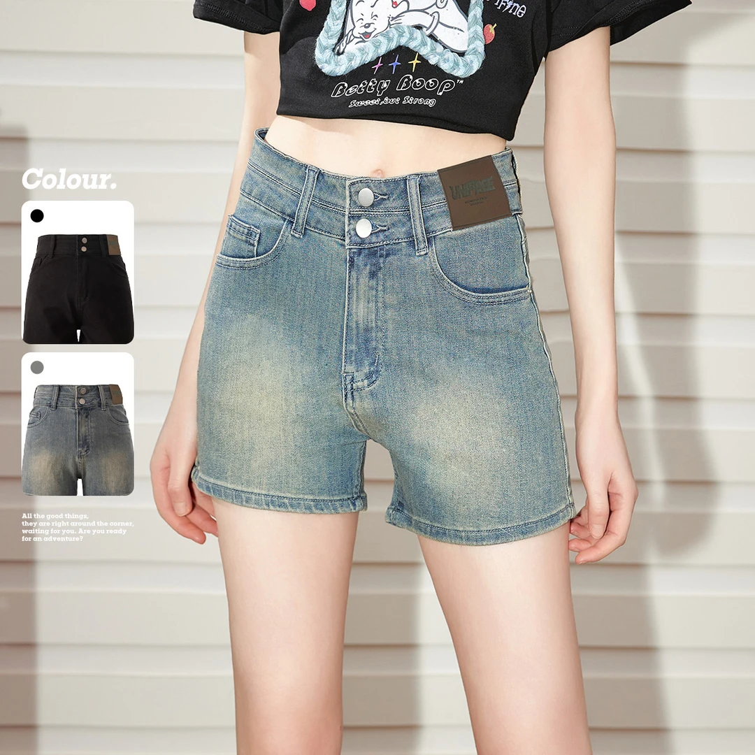unifree牛仔短裤夏季辣妹显瘦a字版小个子女复古弹力韩版修身热裤
