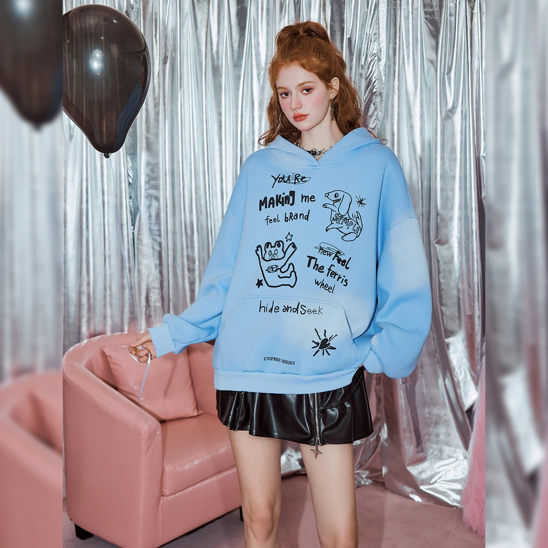 unifree蓝色连帽卫衣【野丸子联名】春秋街头涂鸦宽松百搭情侣休闲