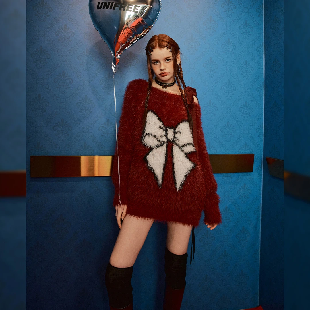 unifree红色毛衣针织衫冬季蝴蝶结露肩宽松网红复古套头撞色百搭