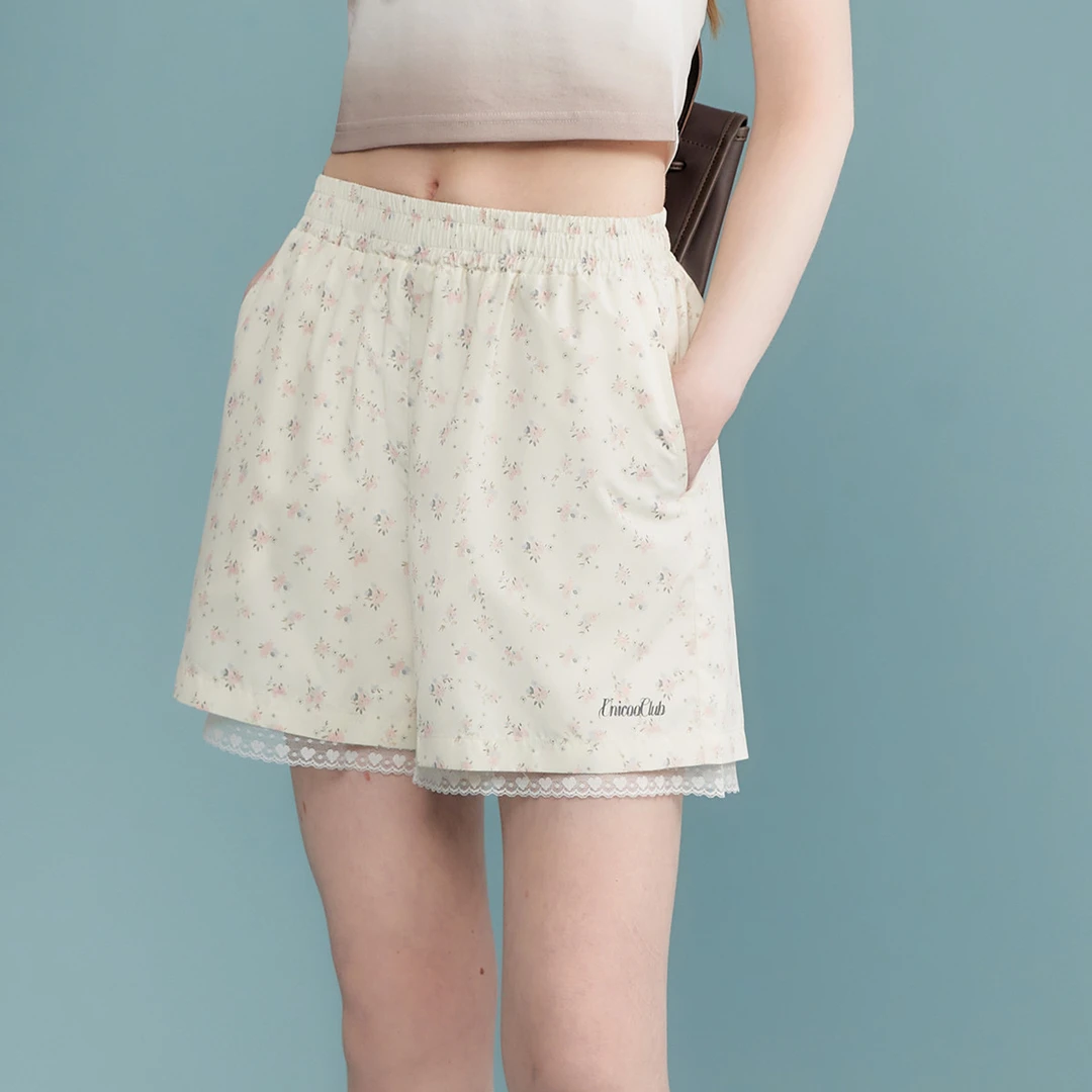 unifree【夏款】甜美少女清新碎花时髦蕾丝花边休闲短裤高腰