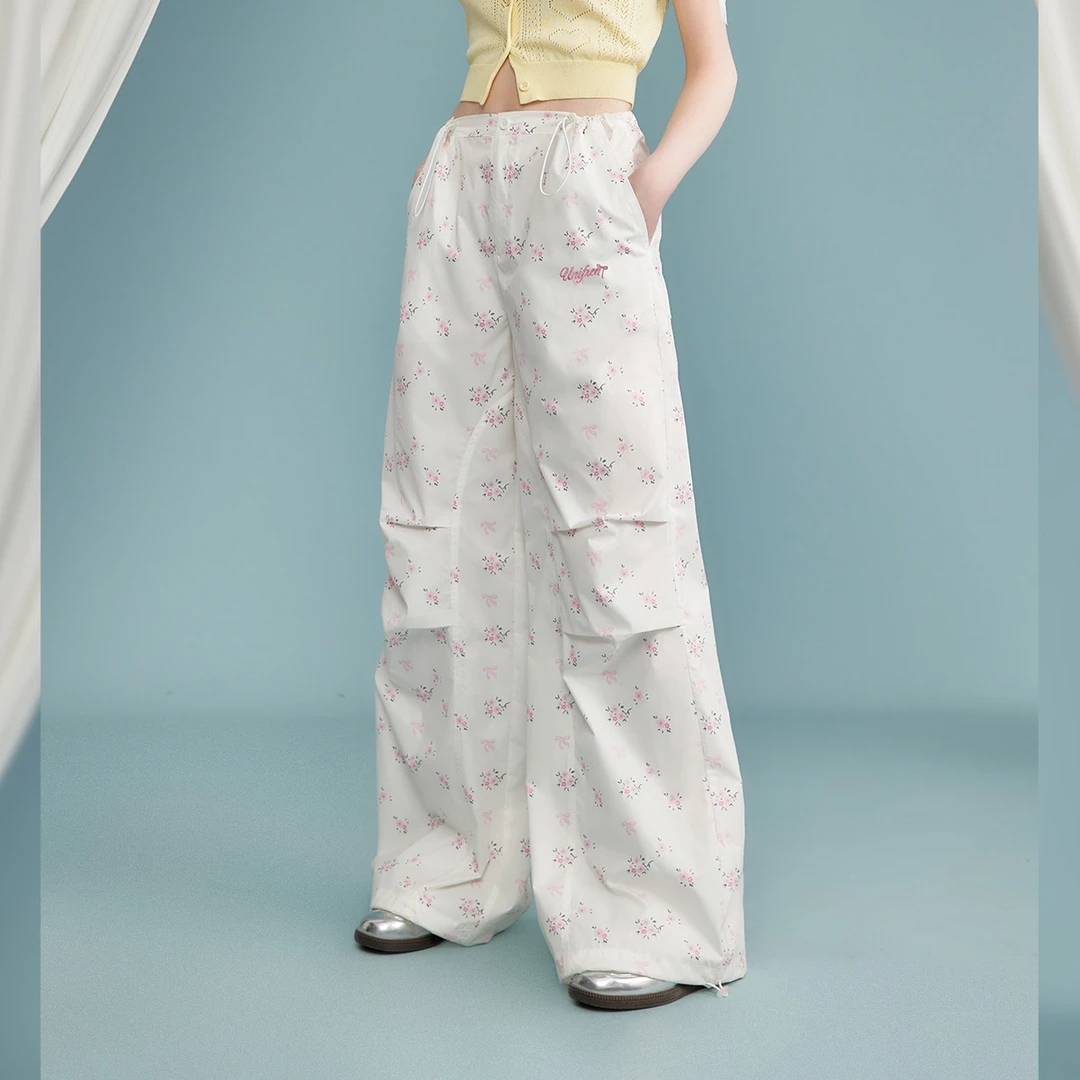 unifree工装休闲裤夏款甜酷少女感碎花满印精致刺绣宽松阔腿