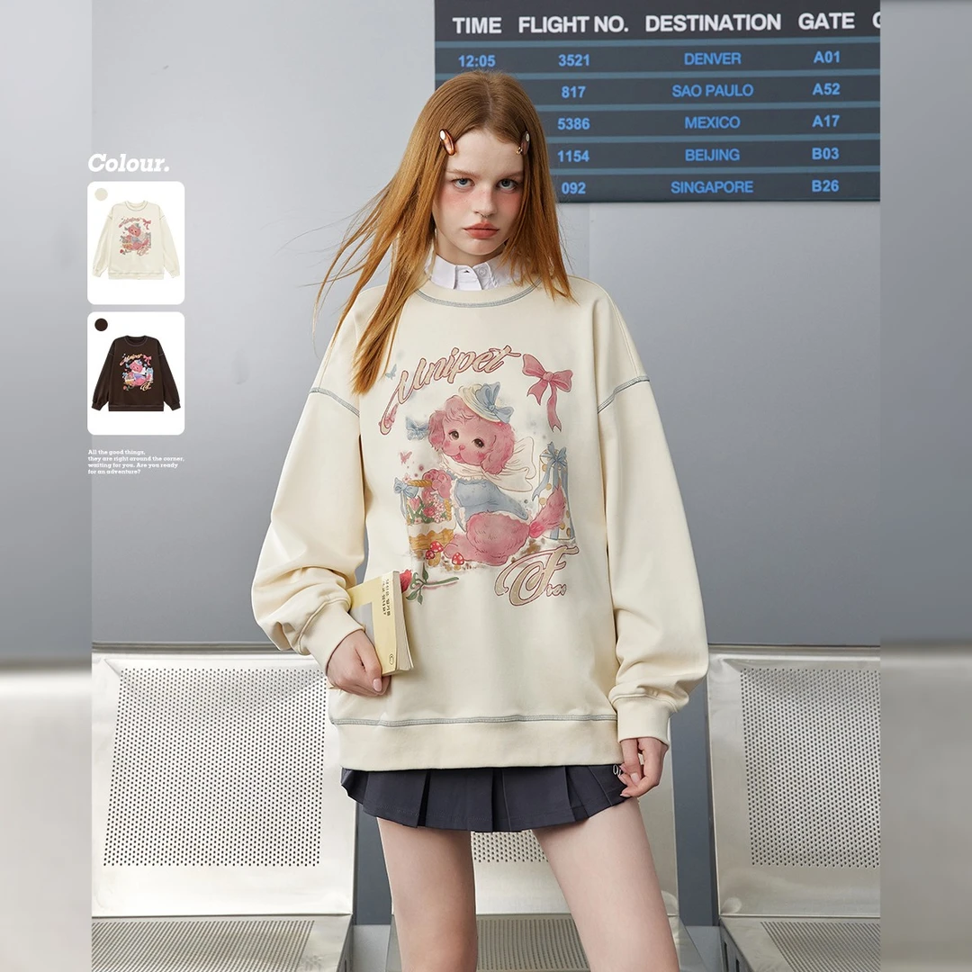 unifree学院风套头卫衣女卡通图案可爱时尚百搭宽松复古美式上衣