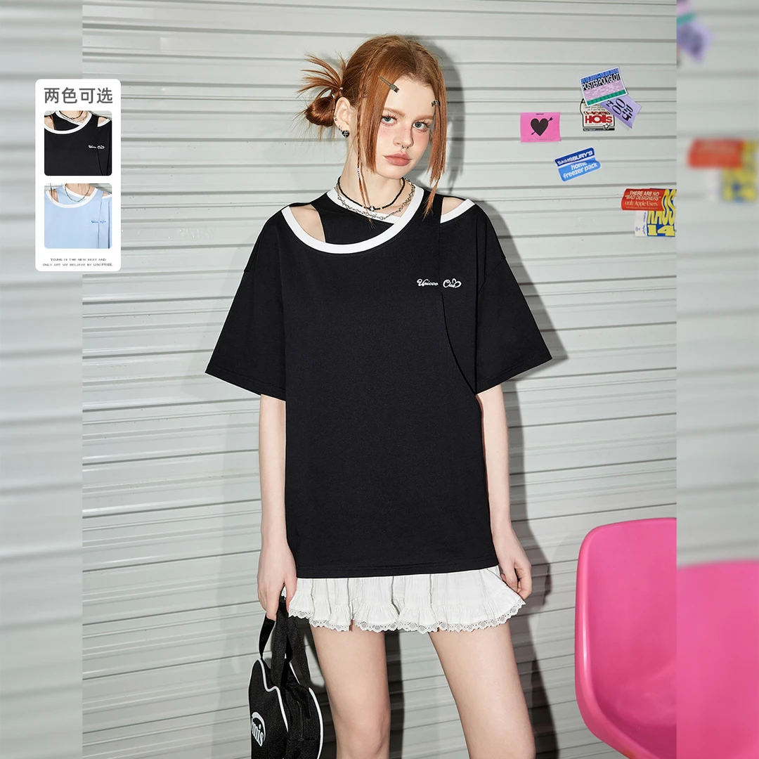 unifree拼接假两件休闲运动宽松T恤运动学院风辣妹高能感宽松圆领