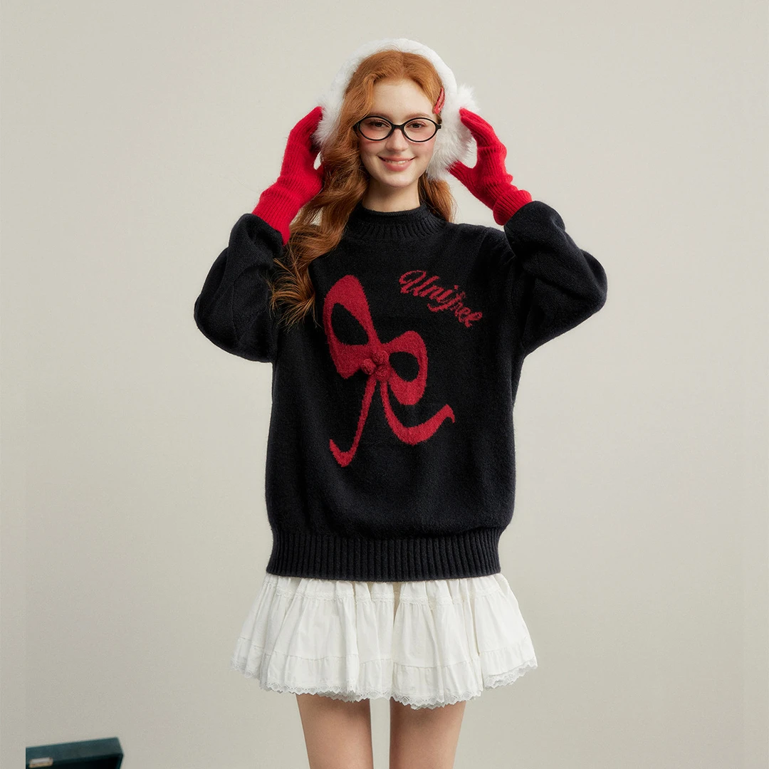 unifree蝴蝶结黑色毛衣女半高领韩版可爱宽松复古学院风百搭上衣