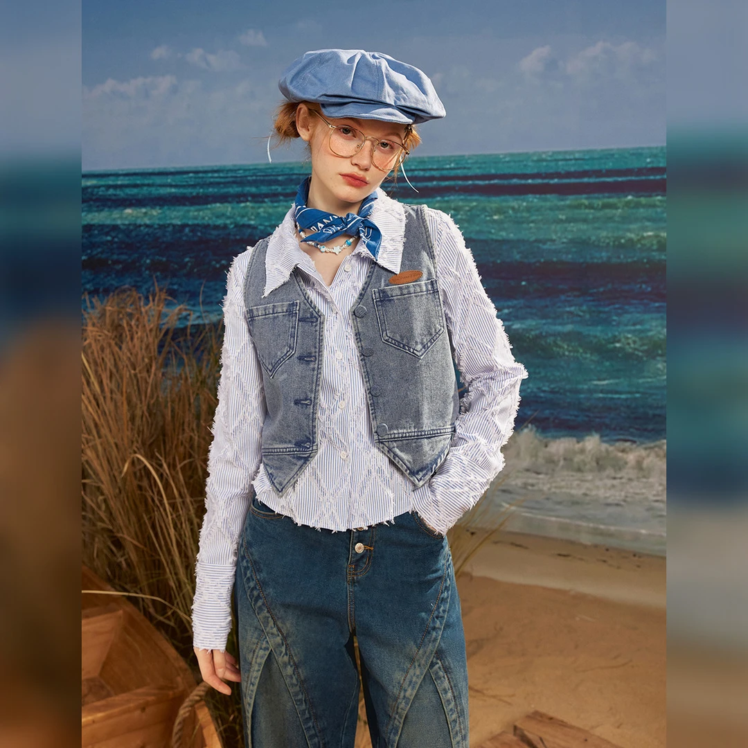unifree春款美式复古甜酷短款V领无袖牛仔马甲休闲时尚潮流水洗