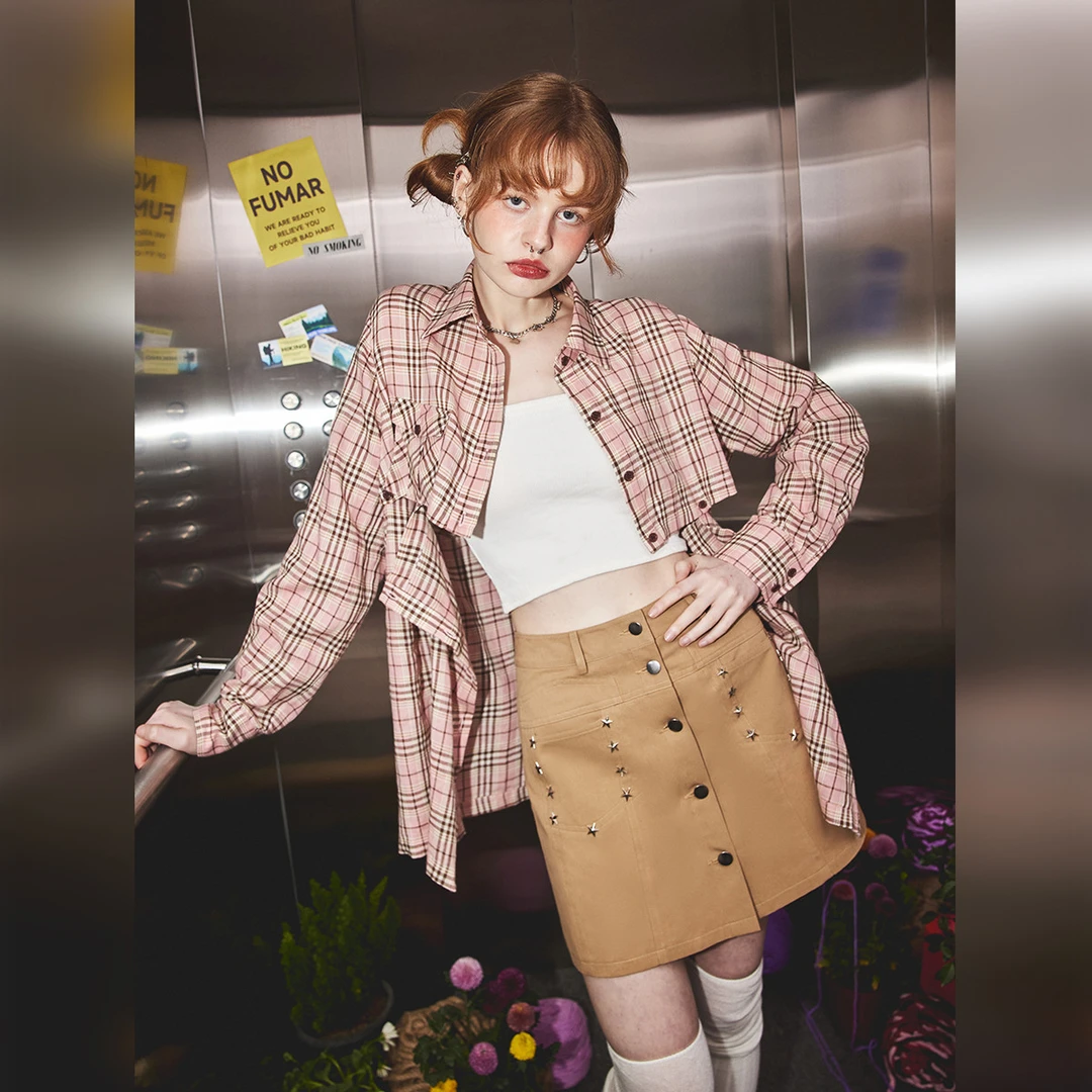 unifree粉色格子衬衫可拆卸下摆女式两穿23春季新款时尚简约气质