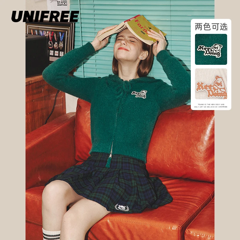 unifree针织开衫针织衫外套短款毛衣连帽情侣复古长袖运动秋冬