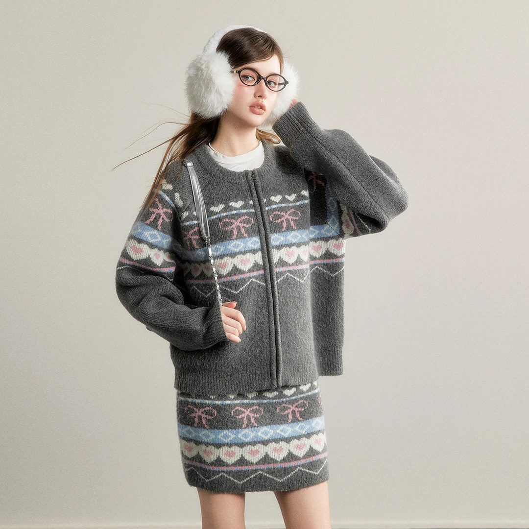 unifree针织开衫【秋款】复古简约费尔岛图案休闲宽松圆领时尚