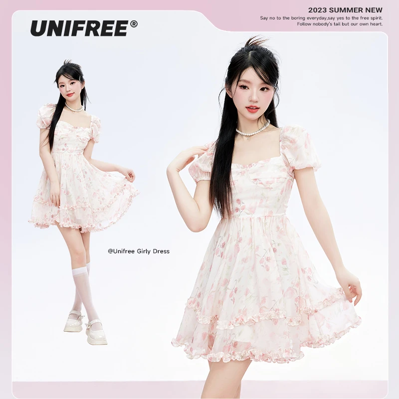 unifree莫奈花园度假连衣裙甜美少女收腰印花碎花高级度假穿搭