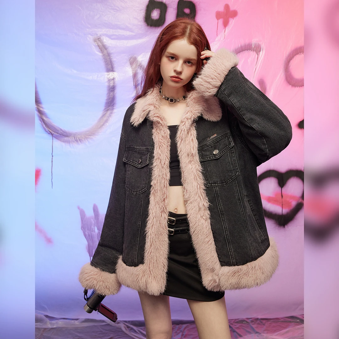 unifree牛仔棉服外套美拉德秋季新款毛绒名媛翻领水洗宽松千金风