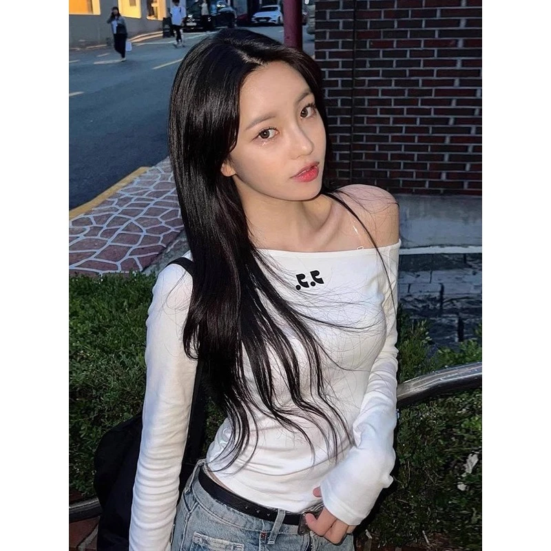 出口韩国！女装RR印花斜肩露肩大领口长袖T恤辣妹修身弹力打底衫春