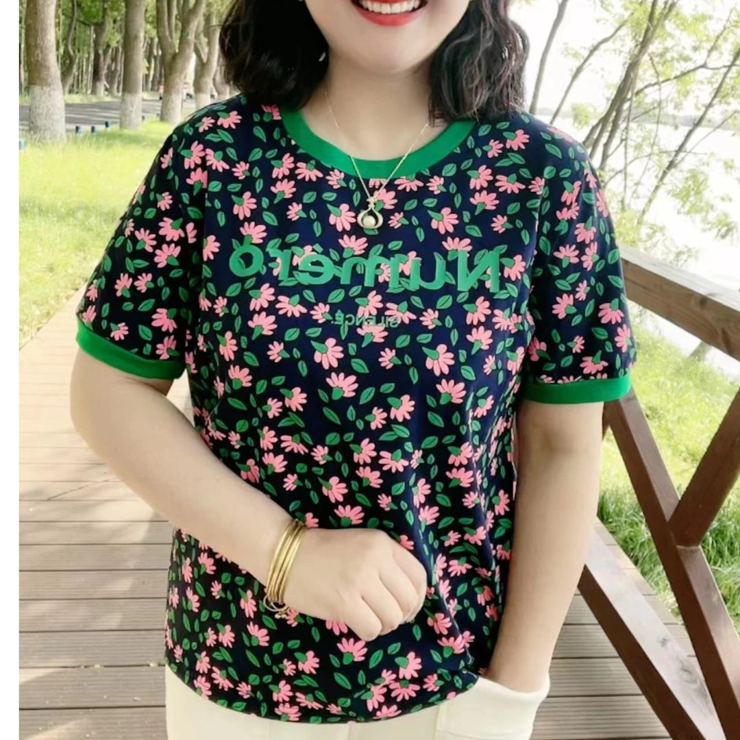 女款2023夏季新款时尚显瘦减龄清新印花圆领休闲洋气女士上衣碎花