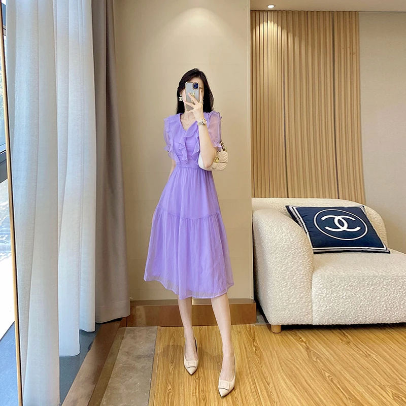 荷叶边V领连衣裙2024新款女夏季天丝计感小众收腰显瘦高级感长裙