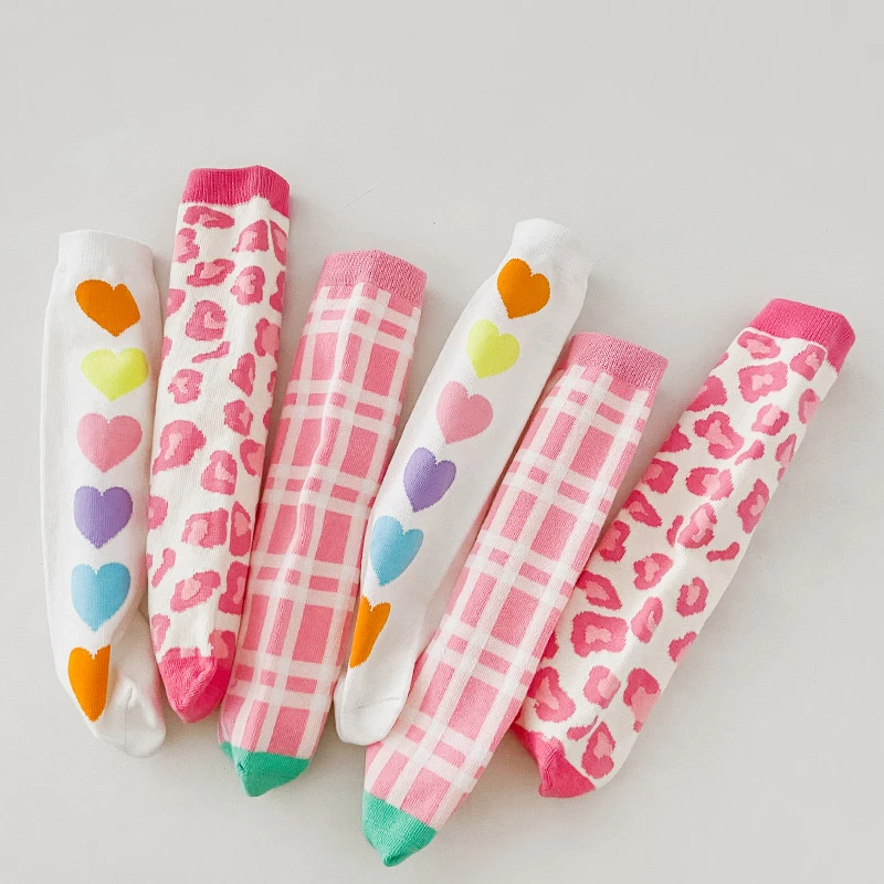 女童中筒袜粉色豹纹可爱ins潮春秋彩虹小腿爱心百搭韩版高筒袜棉