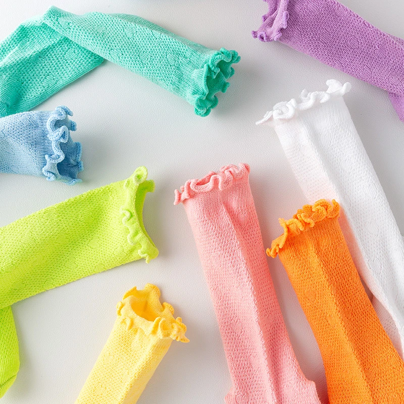 女童袜子夏季薄款透气中筒袜韩版纯色白色木耳边公主百搭花边袜