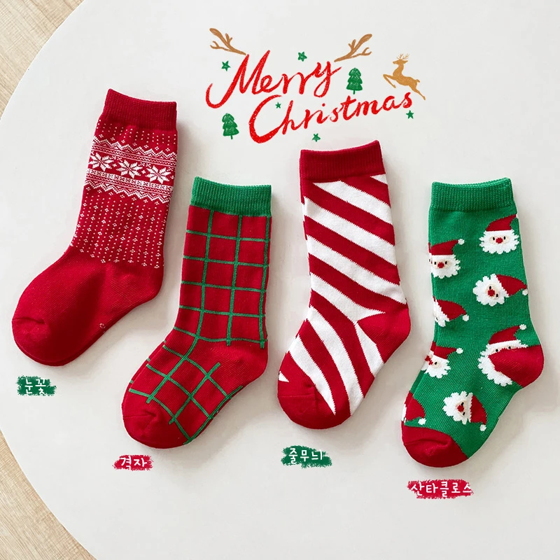 儿童袜子红色春秋季韩版女童圣诞袜INS男童新年袜宝宝中筒袜潮