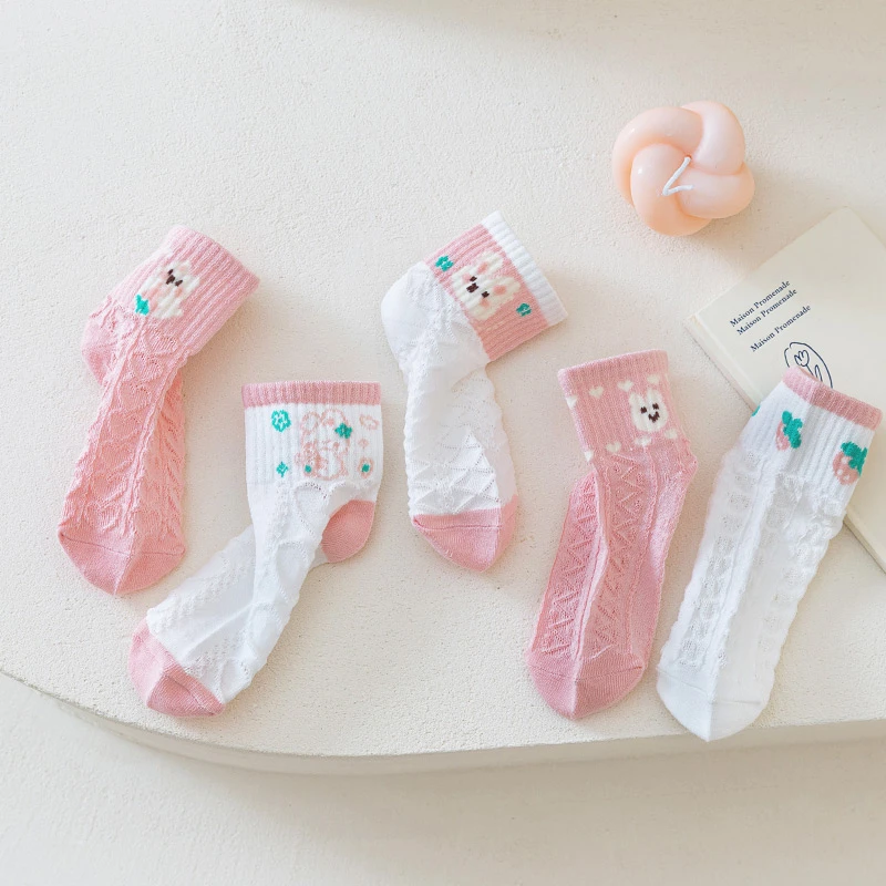 女童袜子春夏薄款短筒网眼透气小孩宝宝袜卡通小兔草莓透气船袜