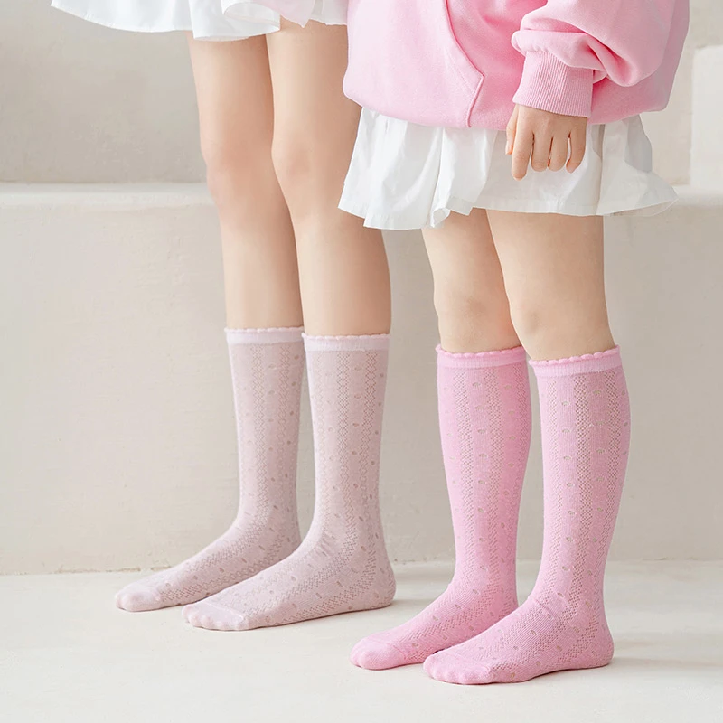 女童小腿袜春夏季网眼透气薄款韩版彩色花边中筒袜宝宝纯色高筒袜