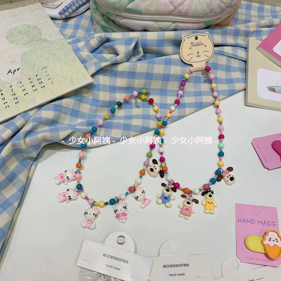 儿童配饰女童卡通掌门狗串珠项链小女孩KT猫吊坠宝宝首饰ins彩虹
