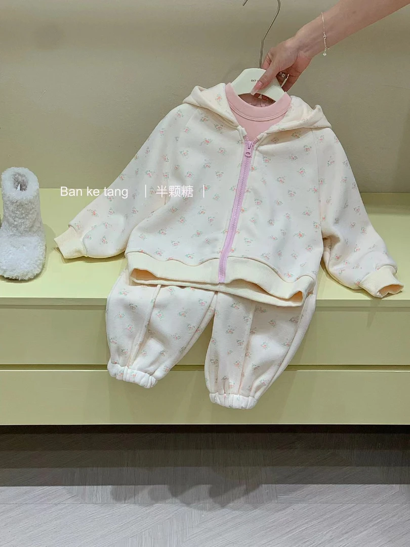 （现货）女童粉色碎花套装2024冬季新款韩版童装小女孩洋气两件套