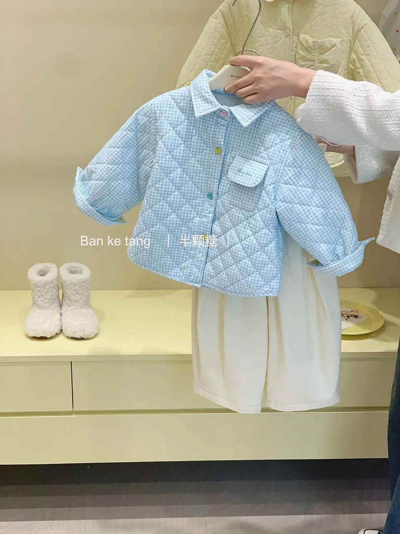 儿童蓝色夹棉衬衫2024秋冬加厚棉衣 加绒萝卜裤套装